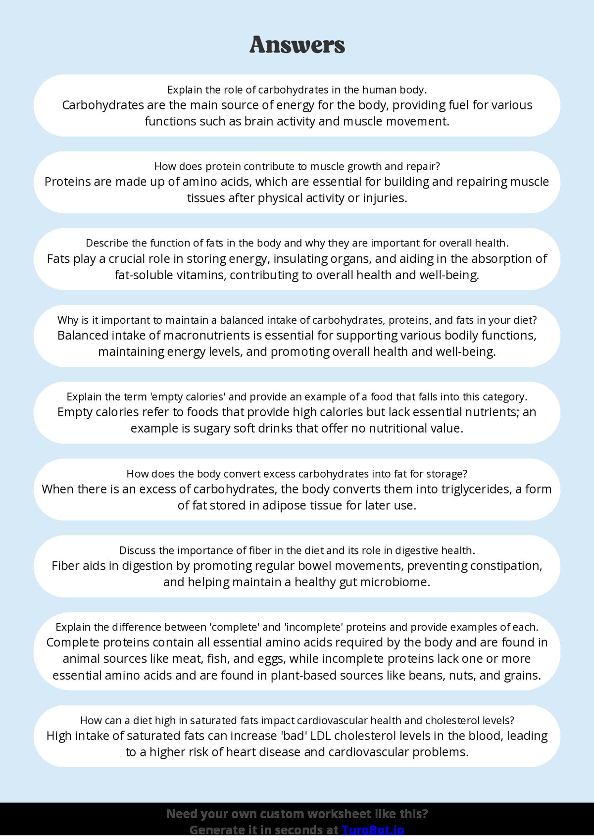 Free Worksheet - Year 8 Food Technology Understanding Macronutrients and Their Functions Short Answer Response