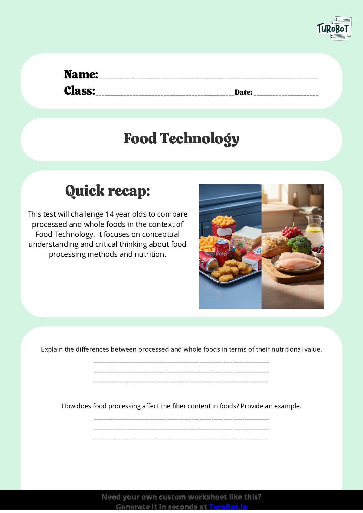 Free Worksheet - Year 9 Food Technology Comparing Processed and Whole Foods Short Answer Response