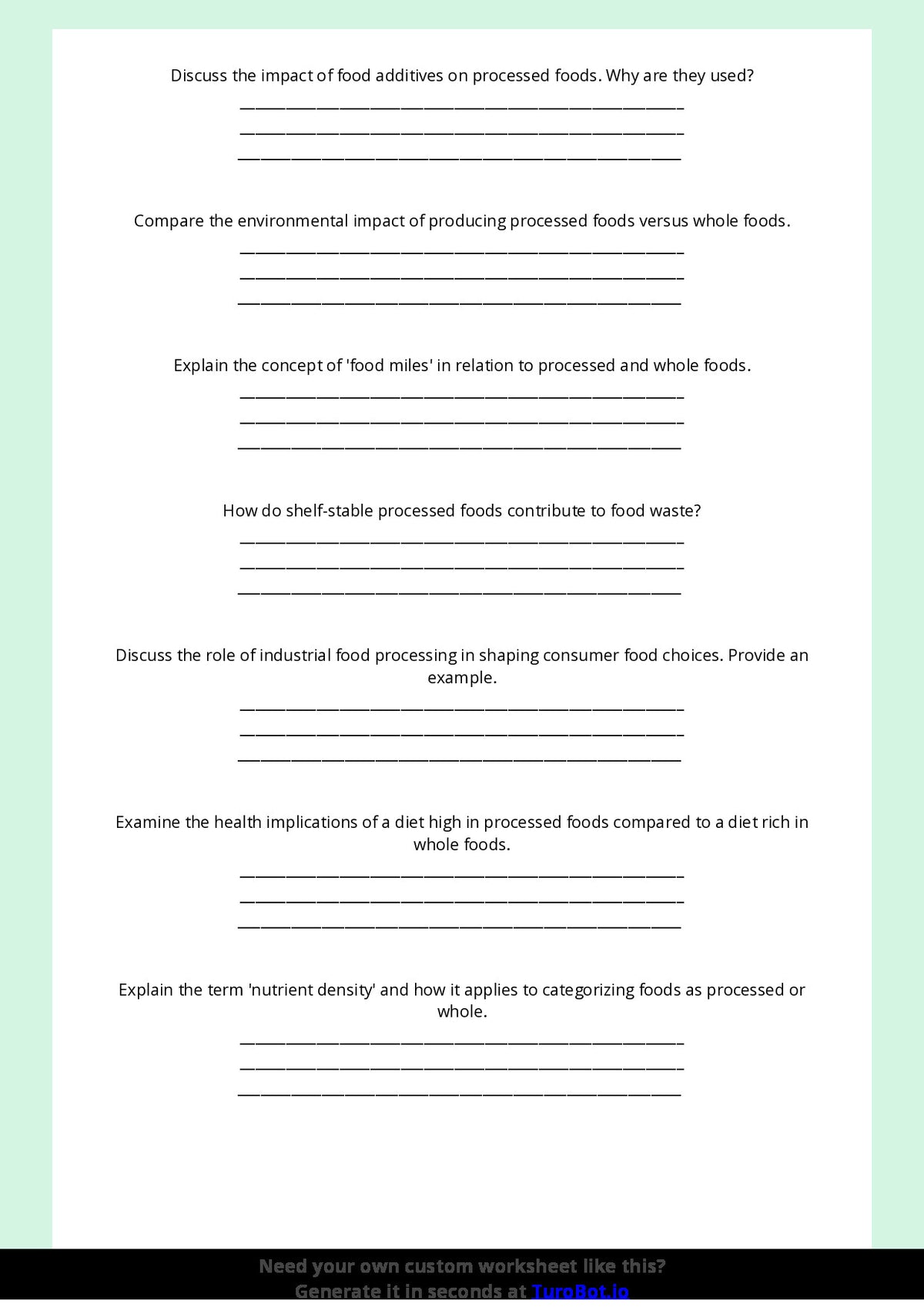Free Worksheet - Year 9 Food Technology Comparing Processed and Whole Foods Short Answer Response