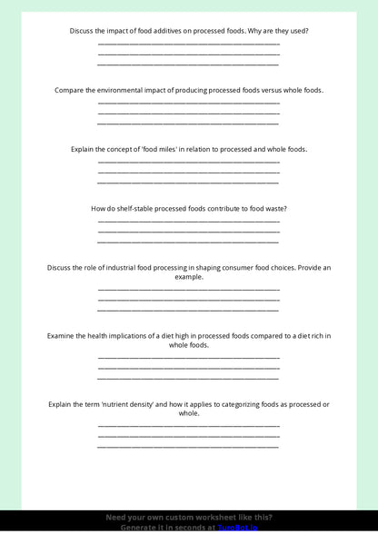 Free Worksheet - Year 9 Food Technology Comparing Processed and Whole Foods Short Answer Response
