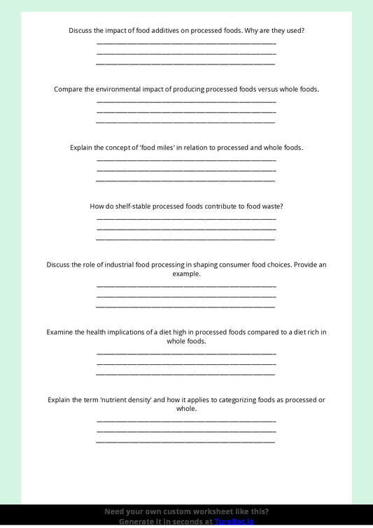 Free Worksheet - Year 9 Food Technology Comparing Processed and Whole Foods Short Answer Response