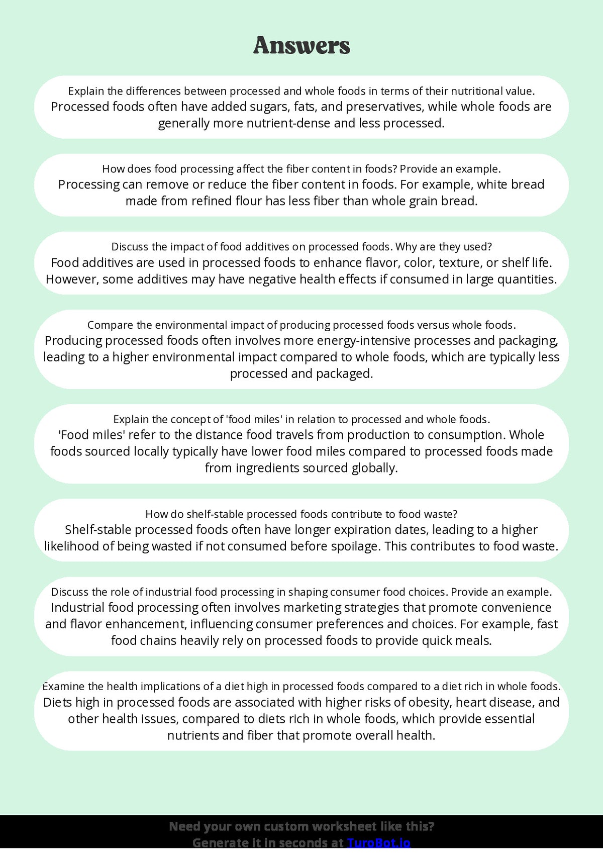 Free Worksheet - Year 9 Food Technology Comparing Processed and Whole Foods Short Answer Response