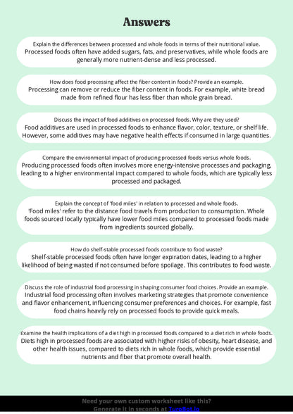 Free Worksheet - Year 9 Food Technology Comparing Processed and Whole Foods Short Answer Response