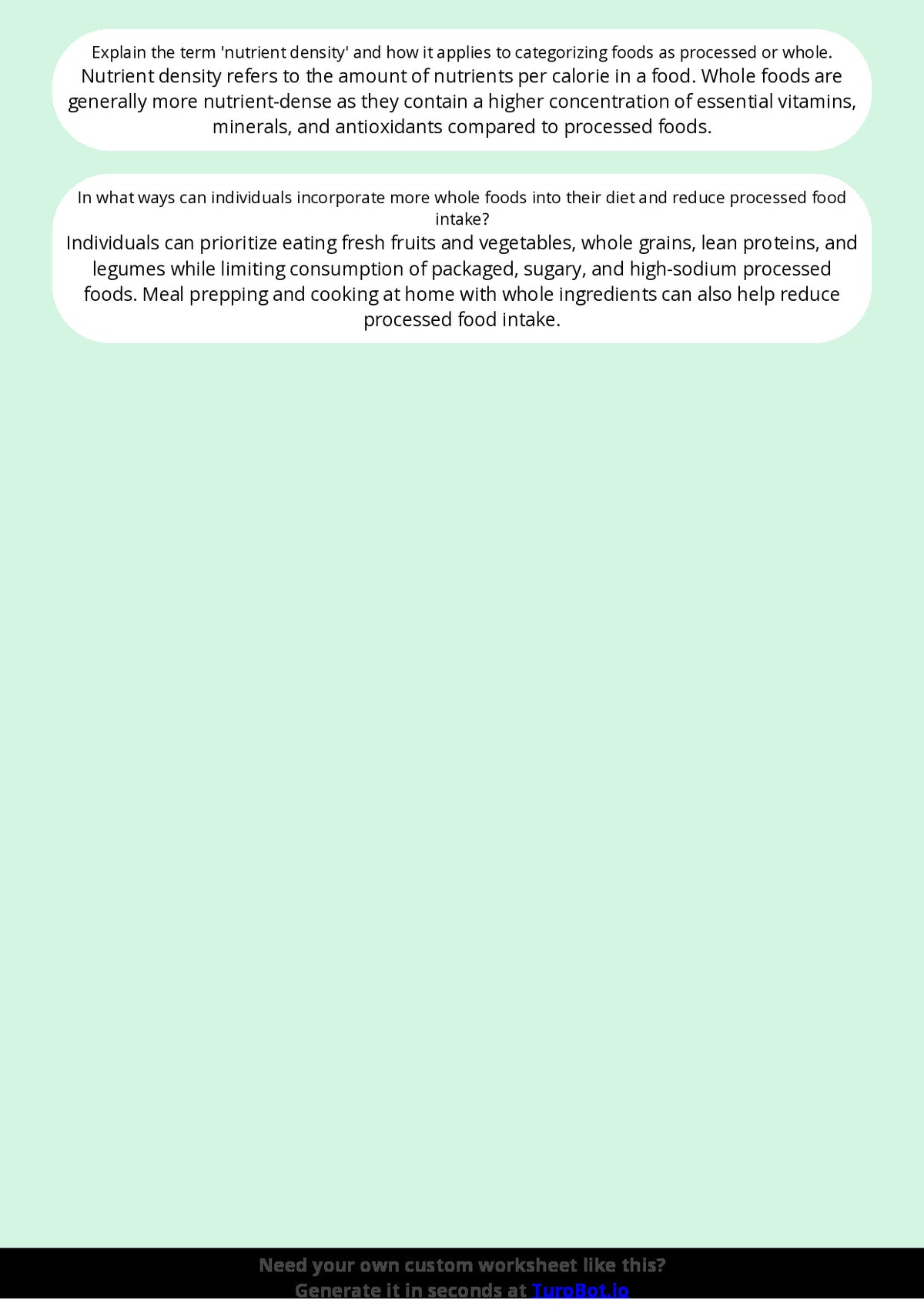 Free Worksheet - Year 9 Food Technology Comparing Processed and Whole Foods Short Answer Response