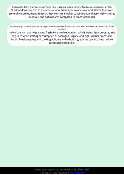 Free Worksheet - Year 9 Food Technology Comparing Processed and Whole Foods Short Answer Response