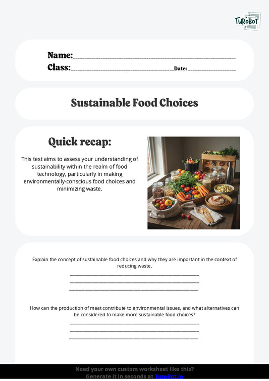 Free Worksheet - Year 9 Food Technology Sustainable Food Choices and Reducing Waste Short Answer Response