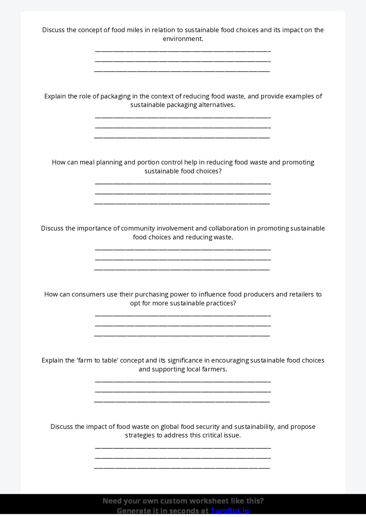 Free Worksheet - Year 9 Food Technology Sustainable Food Choices and Reducing Waste Short Answer Response