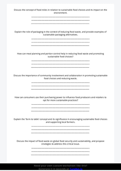 Free Worksheet - Year 9 Food Technology Sustainable Food Choices and Reducing Waste Short Answer Response