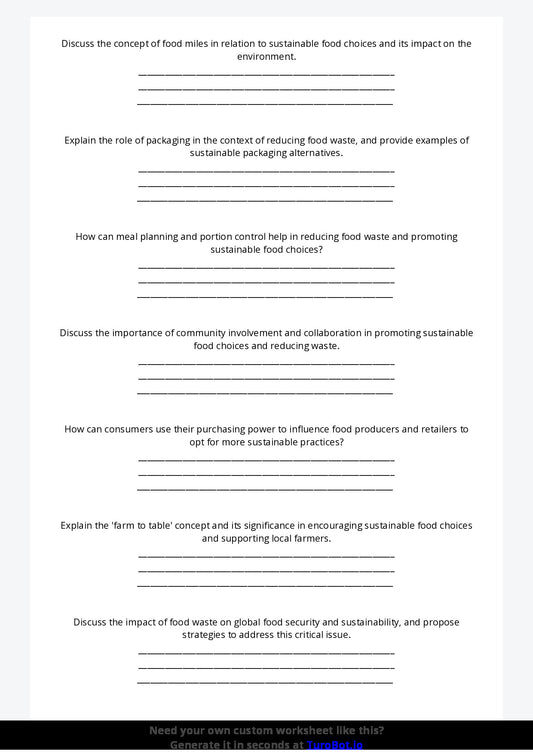 Free Worksheet - Year 9 Food Technology Sustainable Food Choices and Reducing Waste Short Answer Response