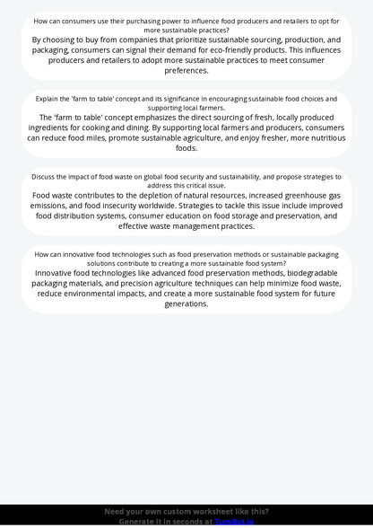 Free Worksheet - Year 9 Food Technology Sustainable Food Choices and Reducing Waste Short Answer Response