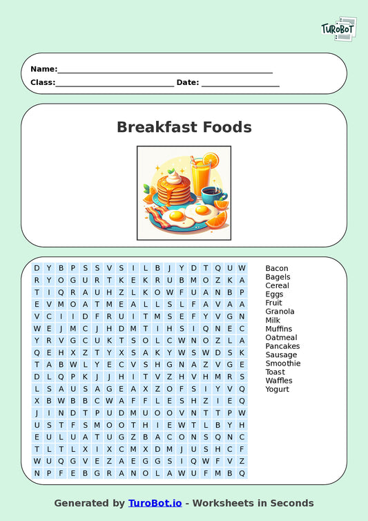 Food Tech - Year 4 - Find a Word - Breakfast Foods – Free Find a Word Worksheet