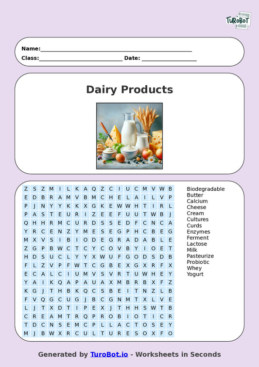 Food Tech - Year 4 - Find a Word - Dairy Products – Free Find a Word Worksheet