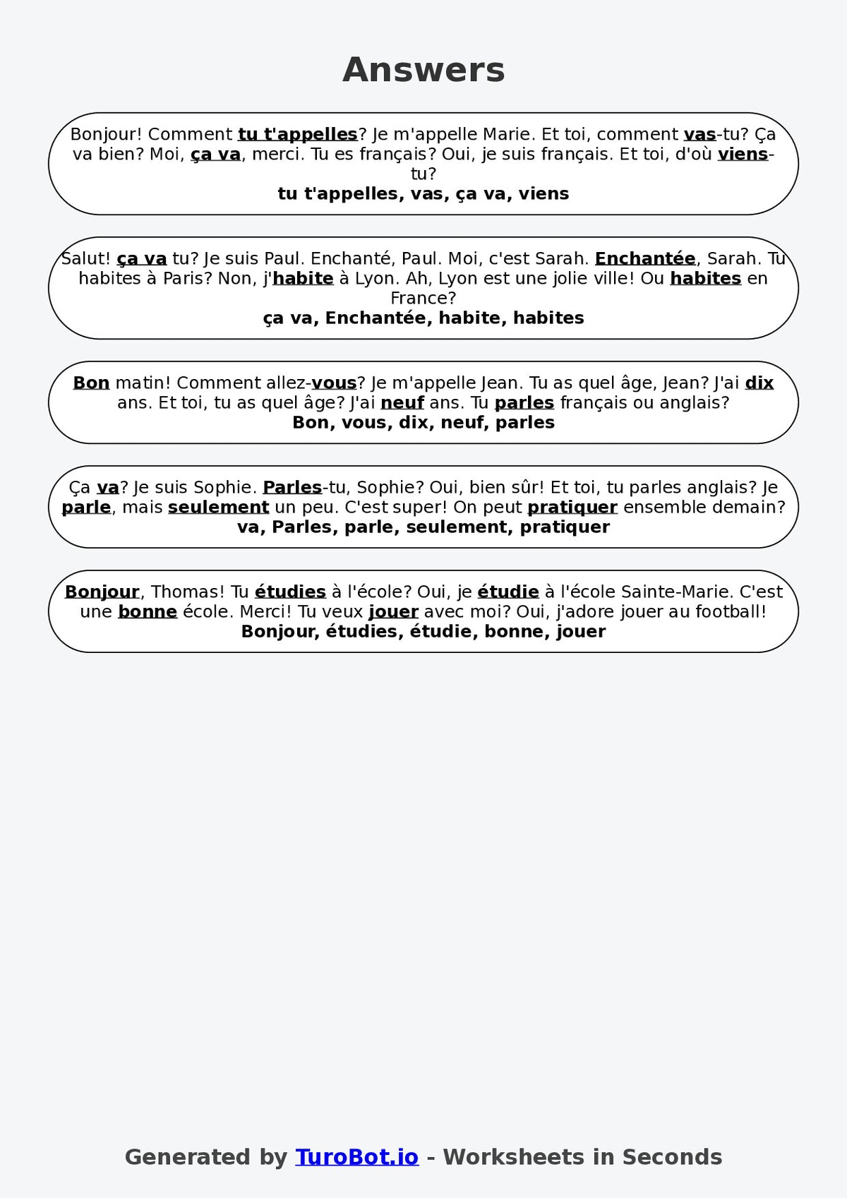 Year 5 French Fill in the Blanks Worksheet – Basic French Greetings and Introductions