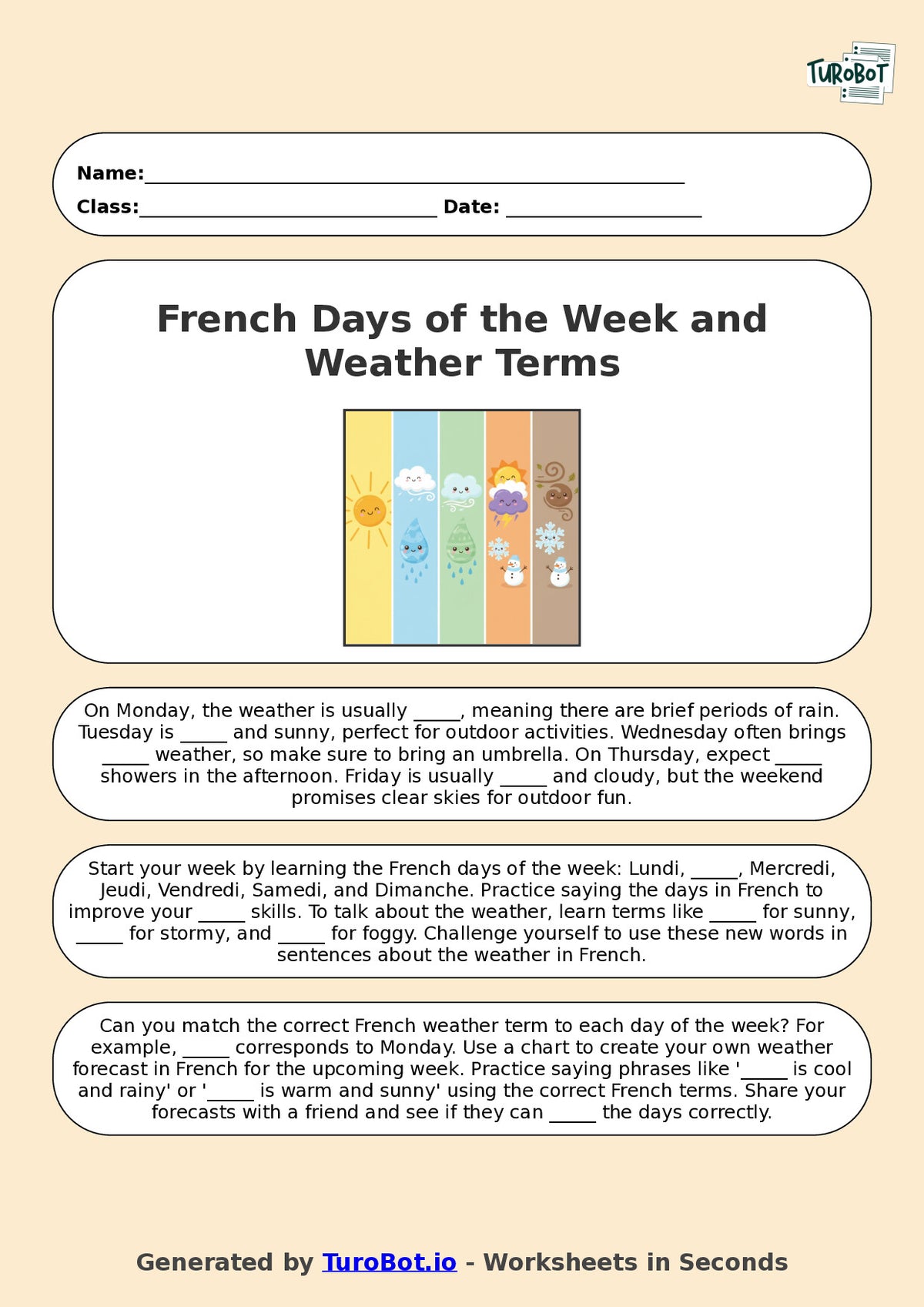 Year 7 French Fill in the Blanks Worksheet – French Days of the Week and Weather Terms