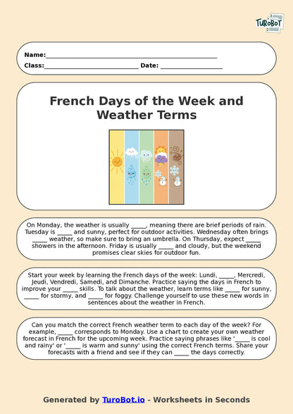 Year 7 French Fill in the Blanks Worksheet – French Days of the Week and Weather Terms