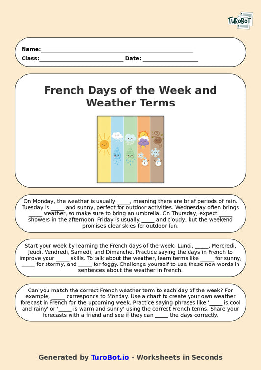 Year 7 French Fill in the Blanks Worksheet – French Days of the Week and Weather Terms