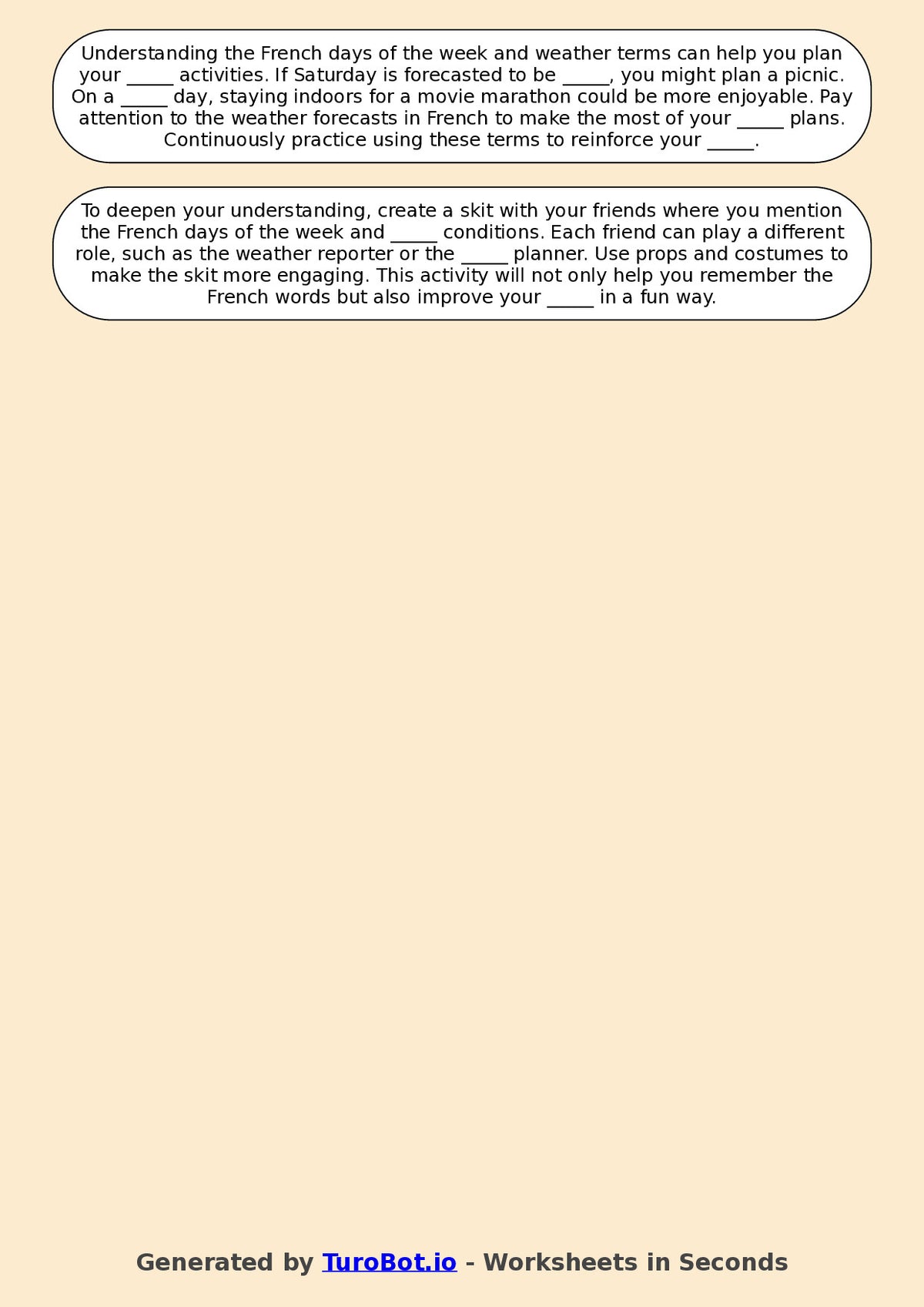 Year 7 French Fill in the Blanks Worksheet – French Days of the Week and Weather Terms