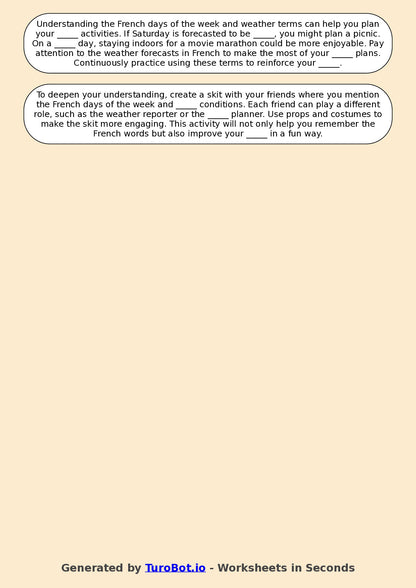 Year 7 French Fill in the Blanks Worksheet – French Days of the Week and Weather Terms