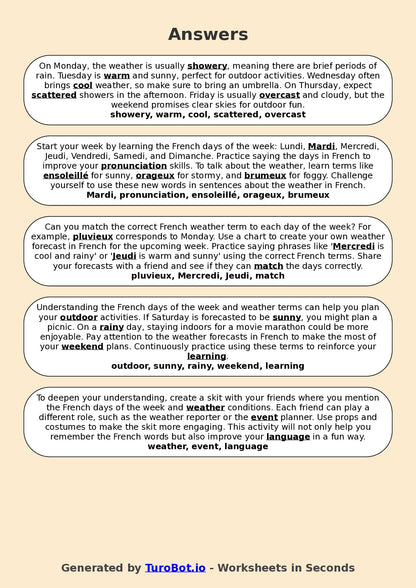 Year 7 French Fill in the Blanks Worksheet – French Days of the Week and Weather Terms