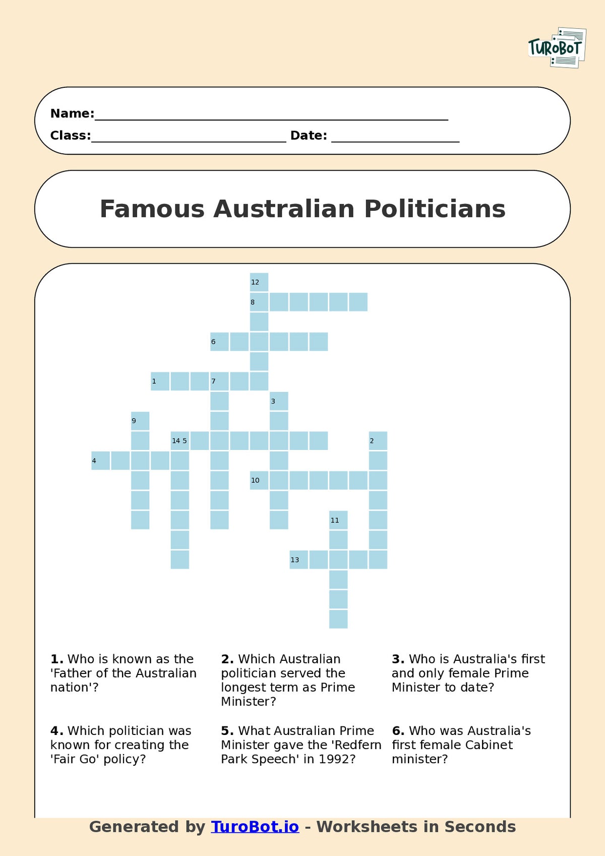 Year 10 General Knowledge Crossword Worksheet – Names of Famous Australian Politicians