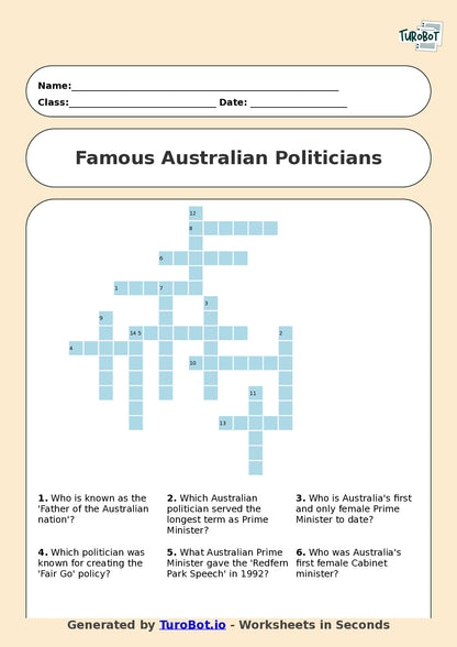 Year 10 General Knowledge Crossword Worksheet – Names of Famous Australian Politicians