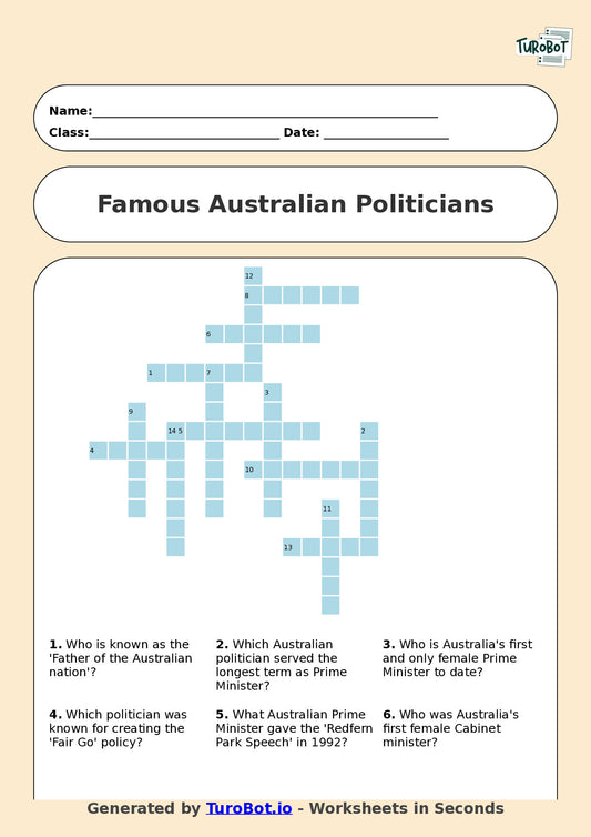 Year 10 General Knowledge Crossword Worksheet – Names of Famous Australian Politicians