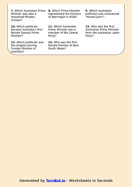 Year 10 General Knowledge Crossword Worksheet – Names of Famous Australian Politicians