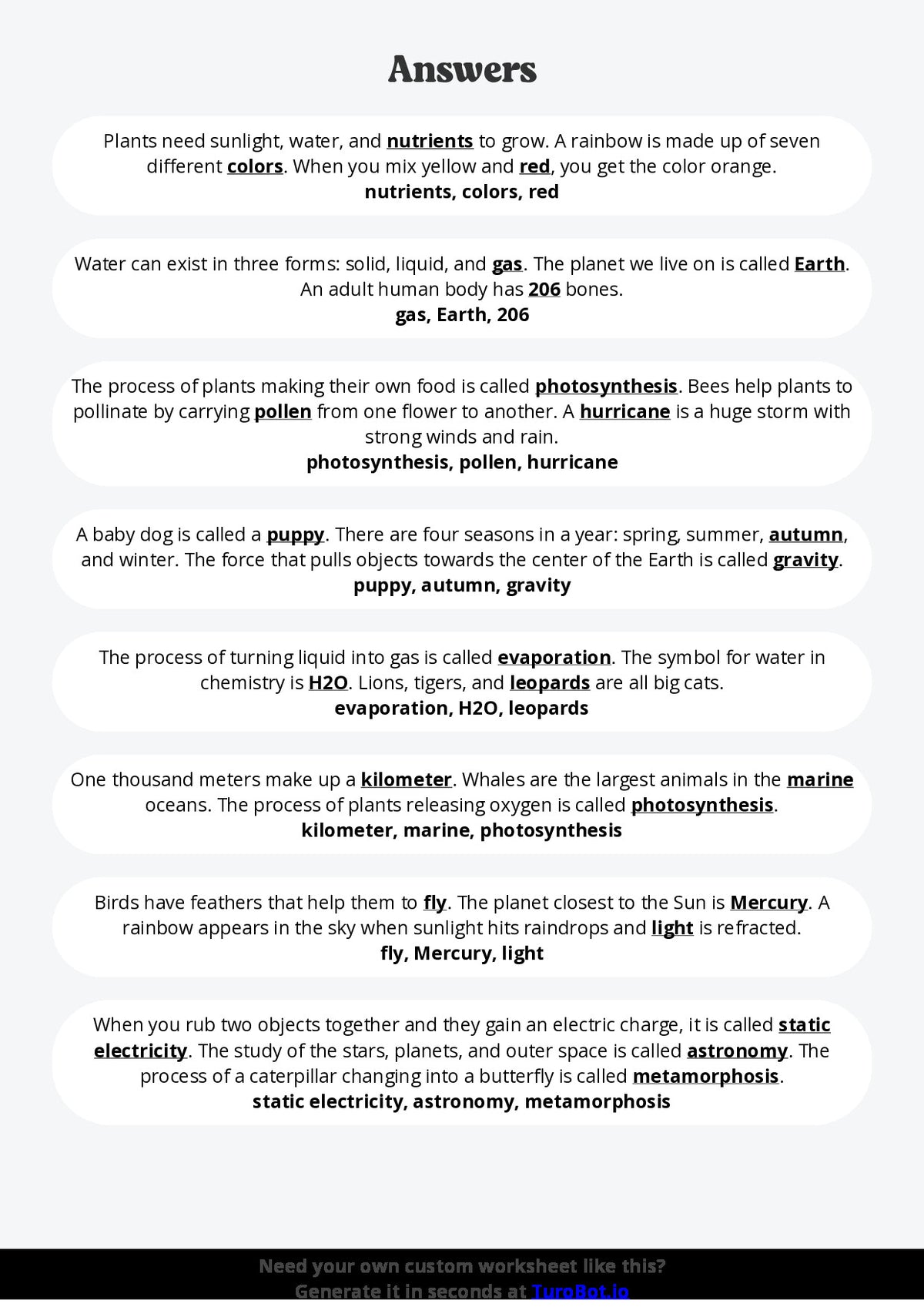 Free Worksheet - Year 2 General Knowledge Everyday Science Facts Multiple Choice