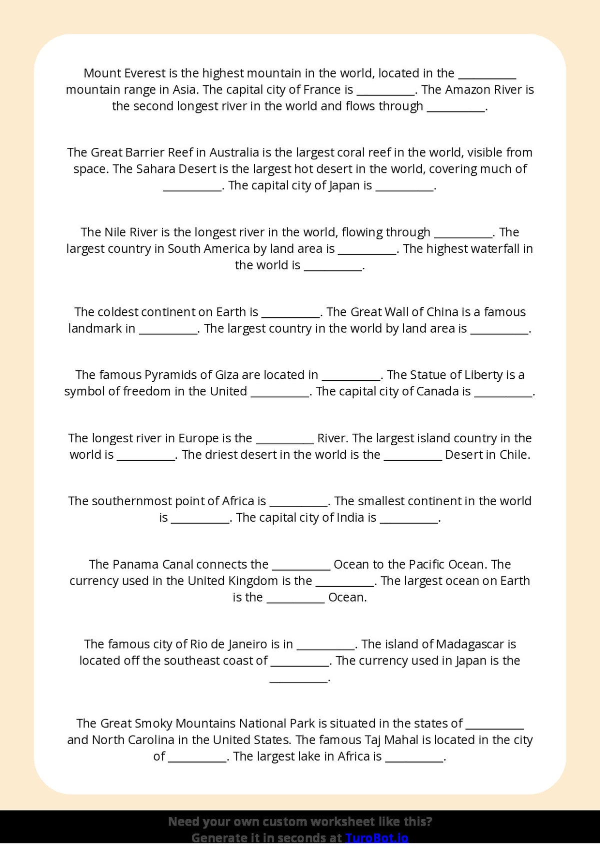 Free Worksheet - Year 2 General Knowledge Simple World Geography Facts Multiple Choice
