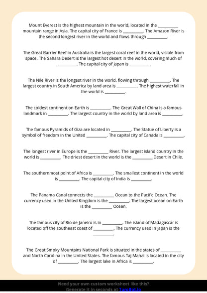Free Worksheet - Year 2 General Knowledge Simple World Geography Facts Multiple Choice