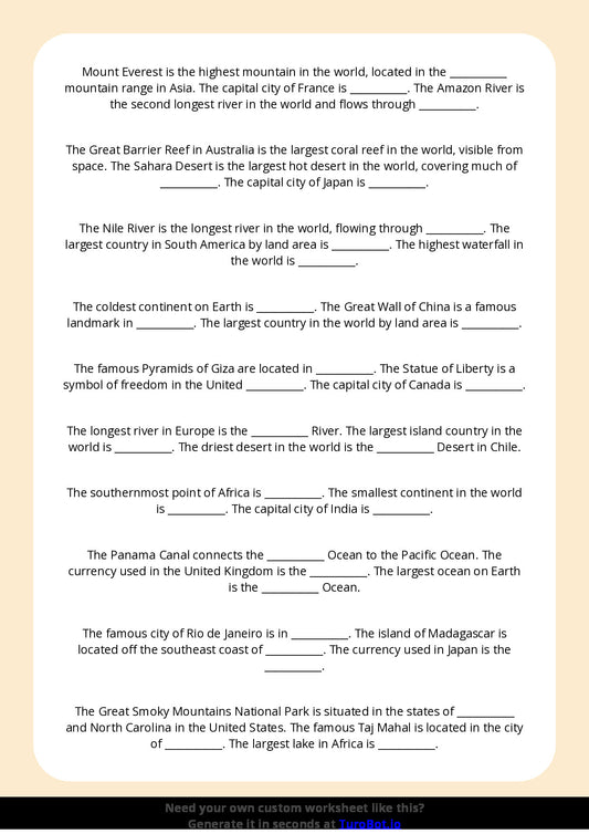Free Worksheet - Year 2 General Knowledge Simple World Geography Facts Multiple Choice