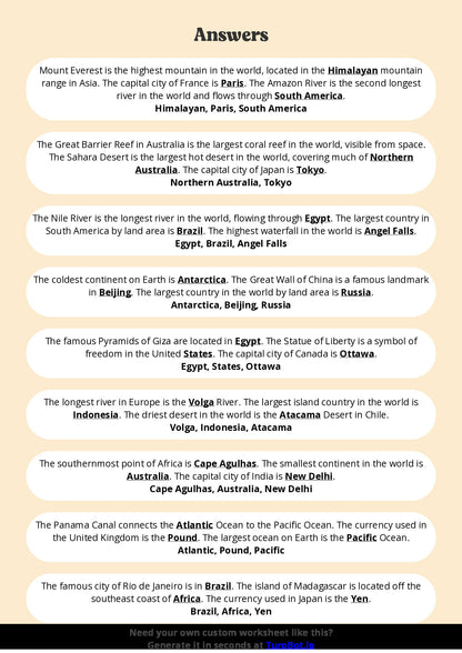 Free Worksheet - Year 2 General Knowledge Simple World Geography Facts Multiple Choice