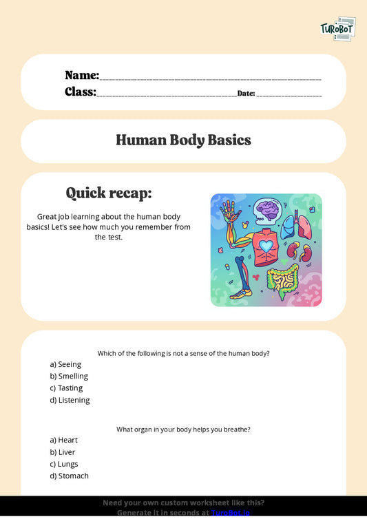 Free Worksheet - Year 4 General Knowledge Human Body Basics Multiple Choice