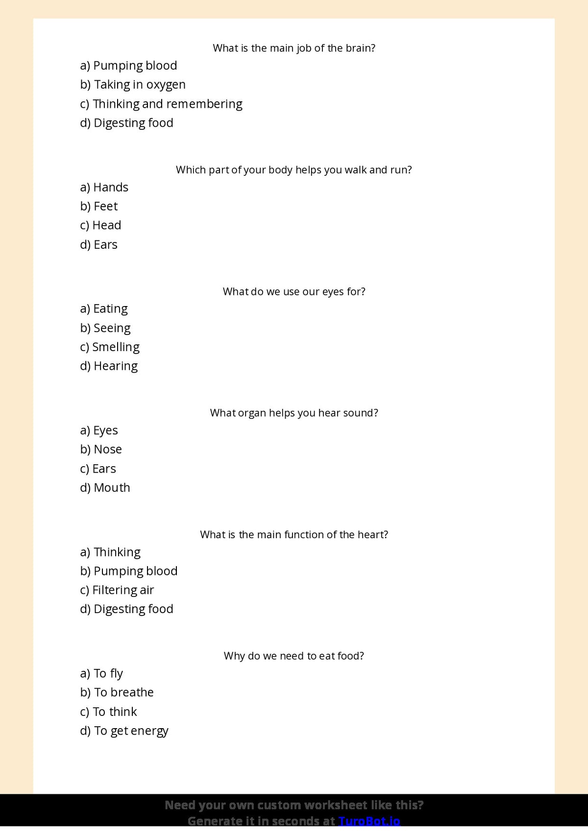Free Worksheet - Year 4 General Knowledge Human Body Basics Multiple Choice