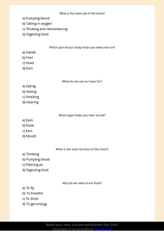 Free Worksheet - Year 4 General Knowledge Human Body Basics Multiple Choice