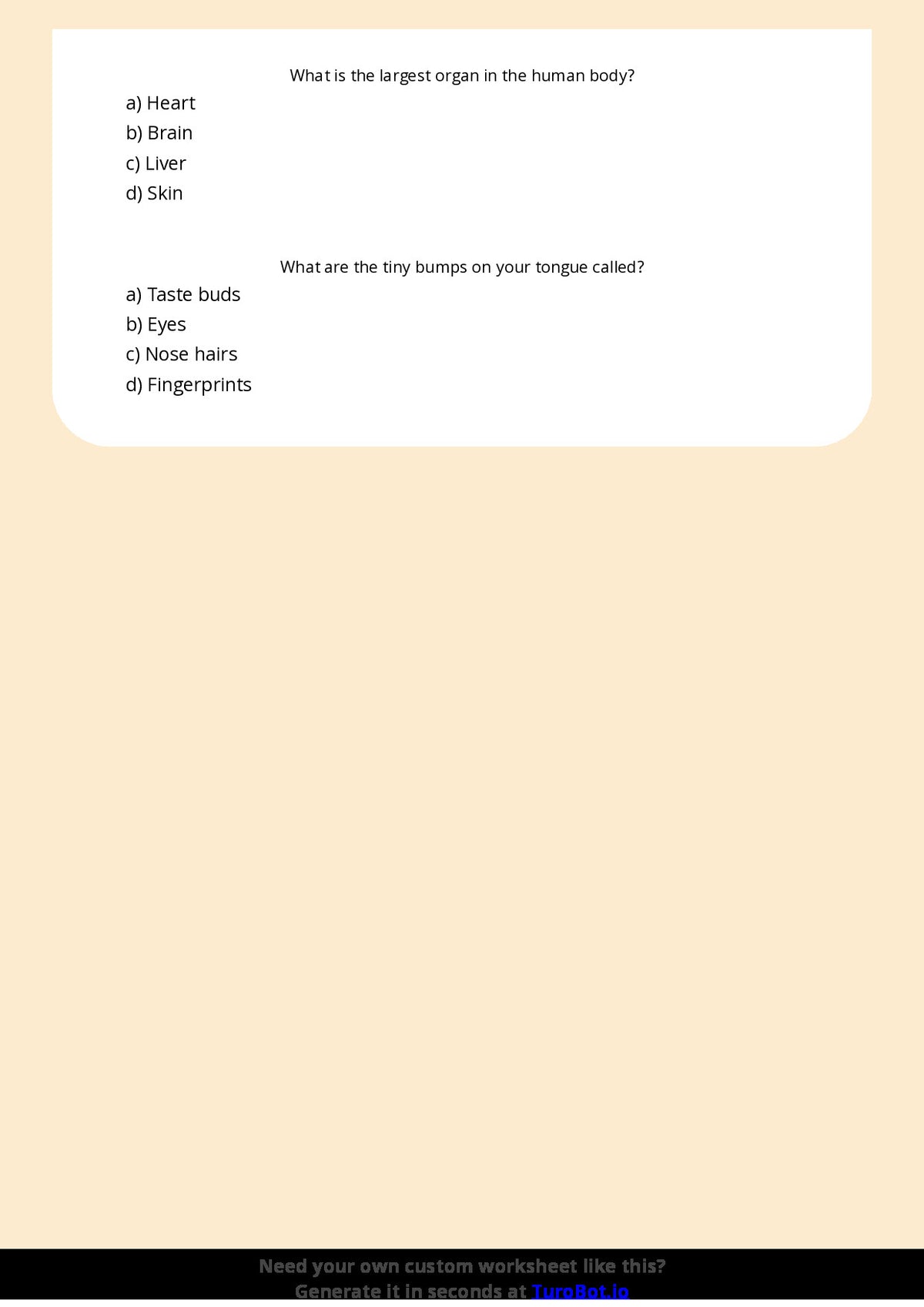Free Worksheet - Year 4 General Knowledge Human Body Basics Multiple Choice