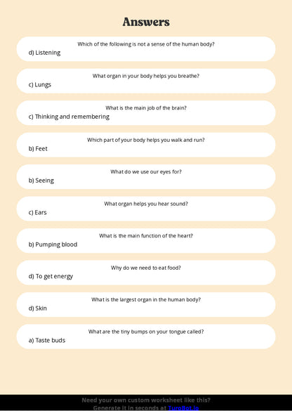 Free Worksheet - Year 4 General Knowledge Human Body Basics Multiple Choice