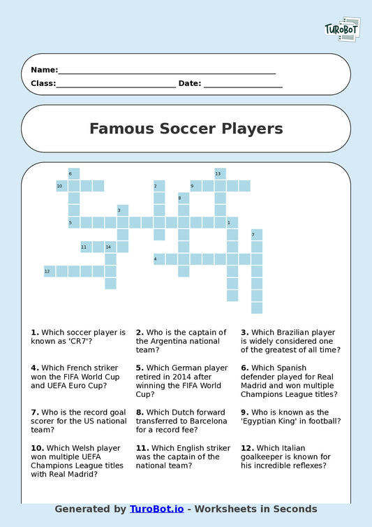 Year 5 General Knowledge Crossword Worksheet – Names of Famous Soccer Players