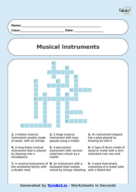 Year 5 General Knowledge Crossword Worksheet – Names of Musical Instruments