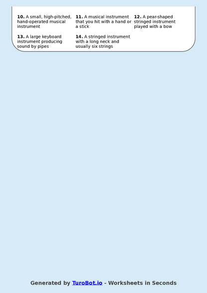 Year 5 General Knowledge Crossword Worksheet – Names of Musical Instruments