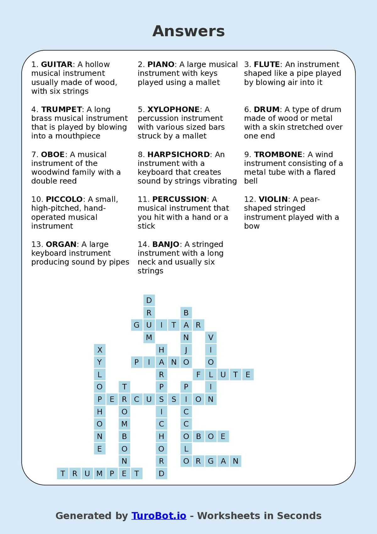 Year 5 General Knowledge Crossword Worksheet – Names of Musical Instruments