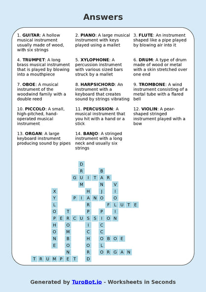 Year 5 General Knowledge Crossword Worksheet – Names of Musical Instruments