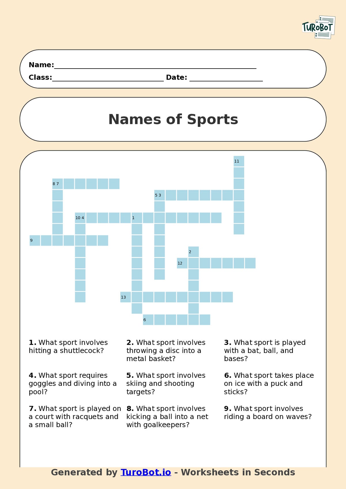 Year 5 General Knowledge Crossword Worksheet – Names of Sports