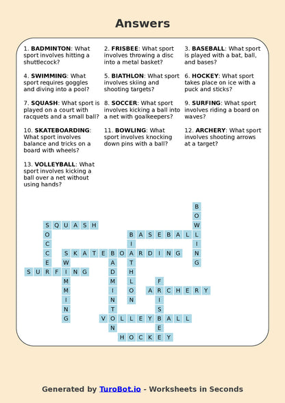 Year 5 General Knowledge Crossword Worksheet – Names of Sports