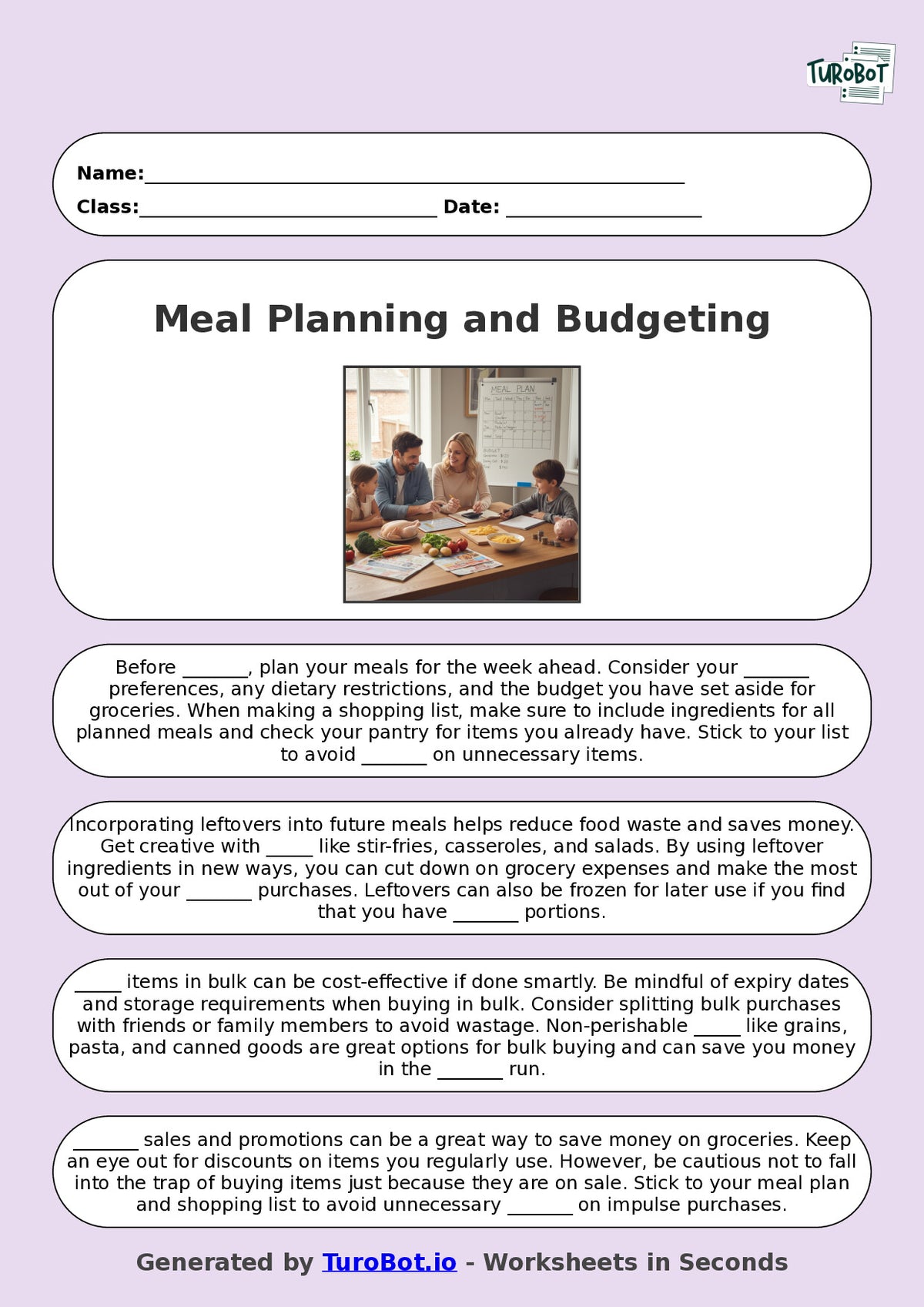 Year 5 General Knowledge Fill in the Blanks Worksheet – Meal Planning and Budgeting