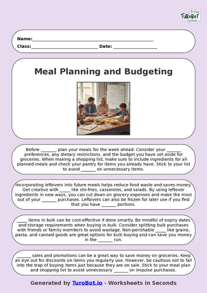 Year 5 General Knowledge Fill in the Blanks Worksheet – Meal Planning and Budgeting