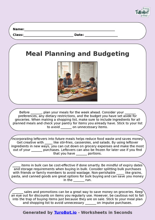 Year 5 General Knowledge Fill in the Blanks Worksheet – Meal Planning and Budgeting