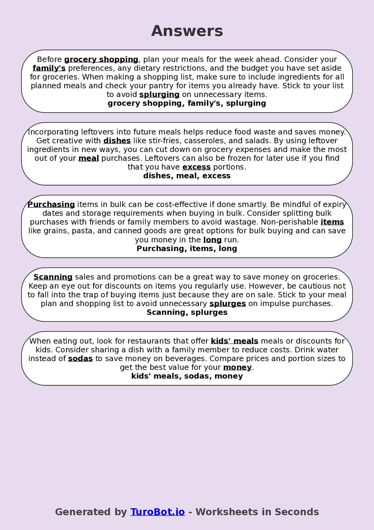 Year 5 General Knowledge Fill in the Blanks Worksheet – Meal Planning and Budgeting