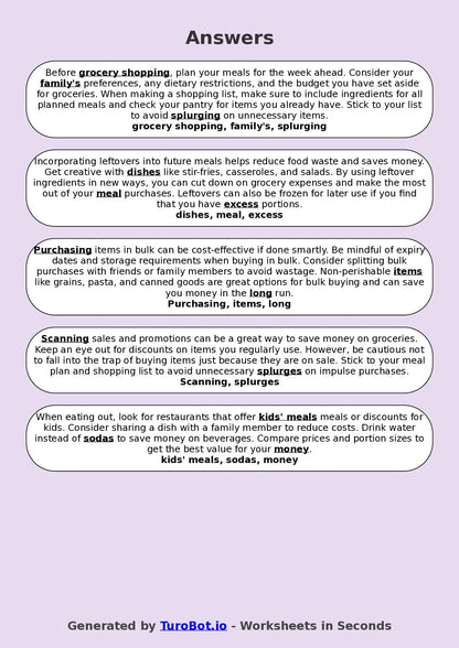 Year 5 General Knowledge Fill in the Blanks Worksheet – Meal Planning and Budgeting