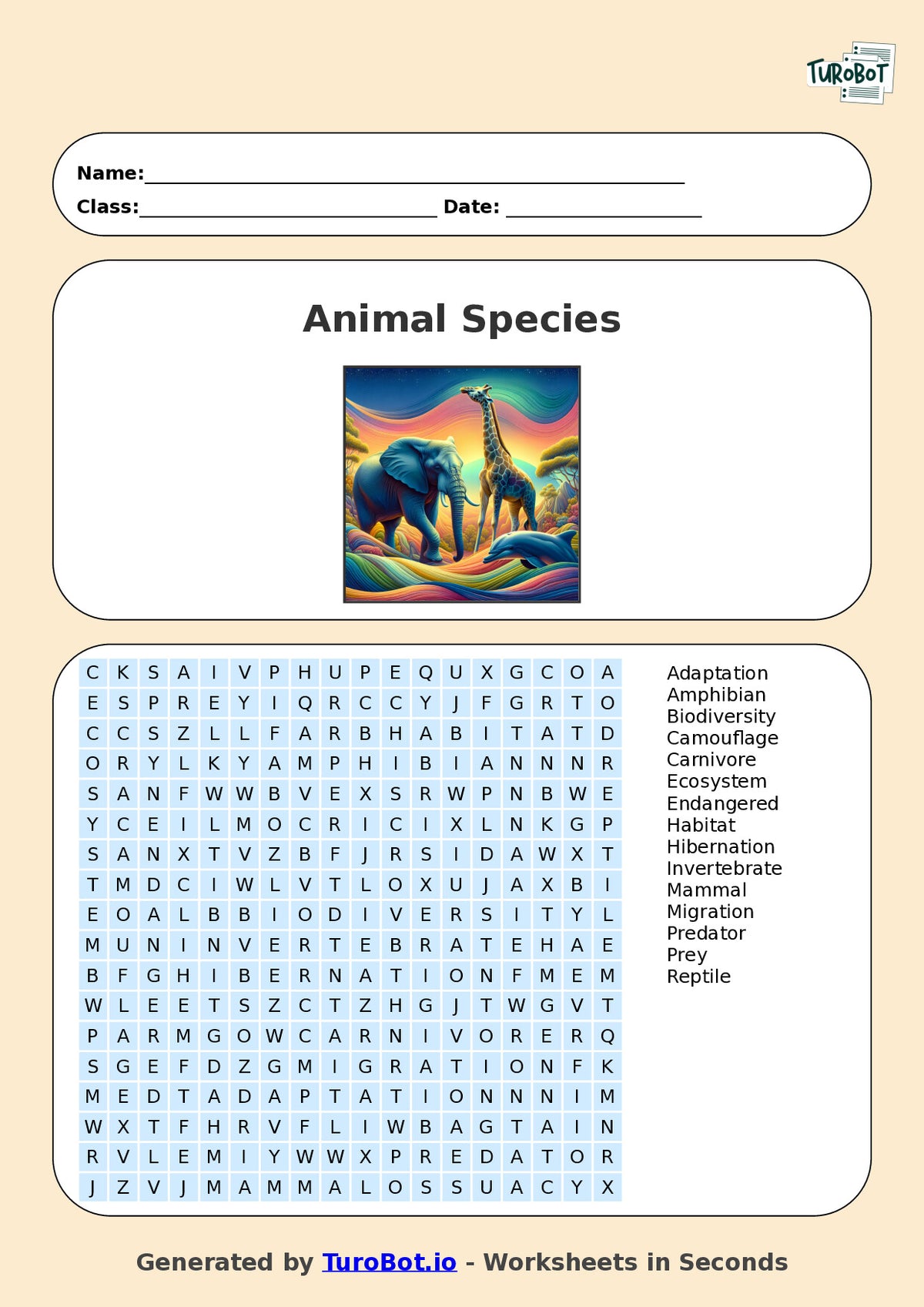 Year 5 General Knowledge Find a Word Worksheet – Animal Species